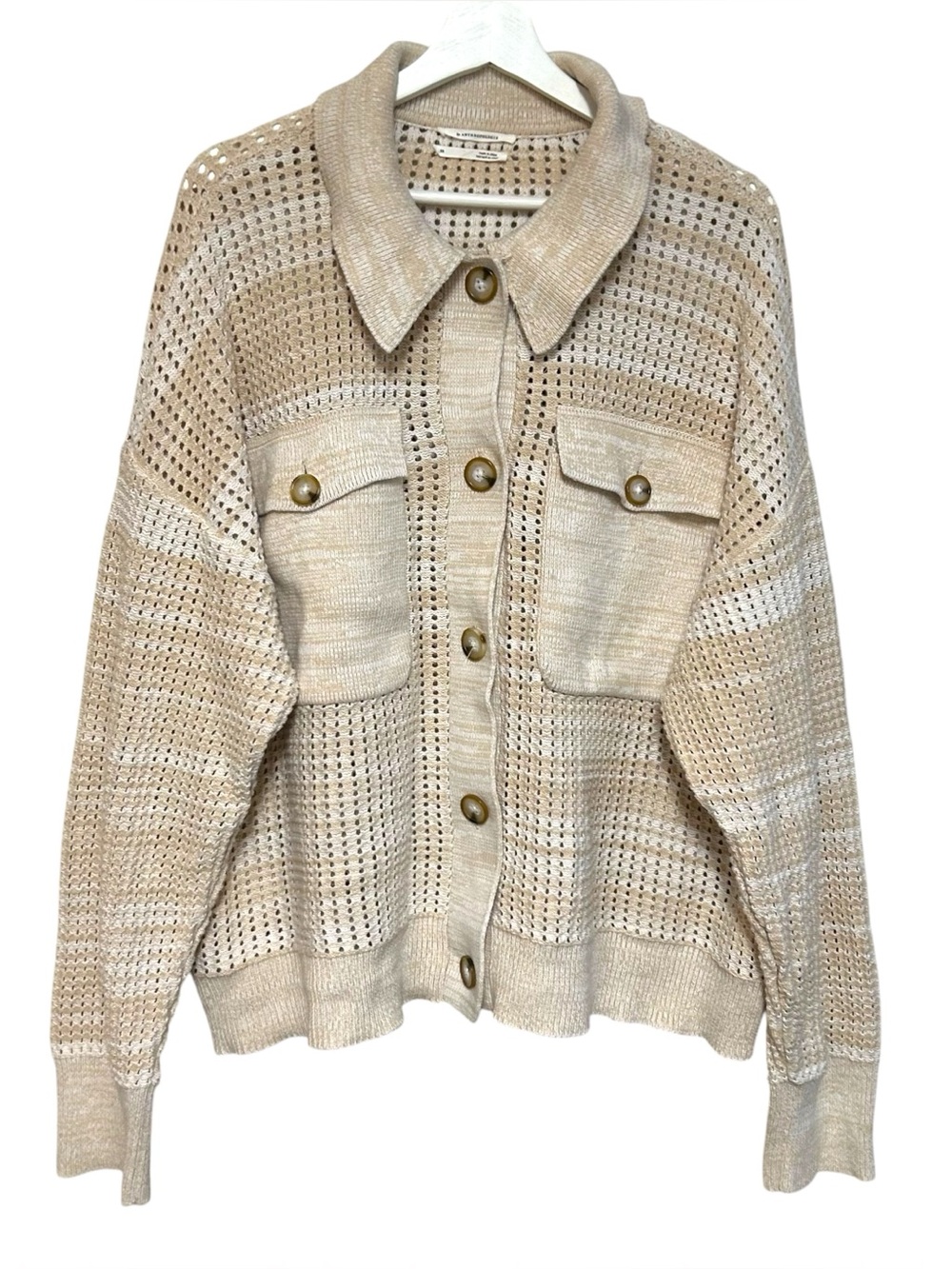 Anthropologie 2X Crocheted Pocket Collar Sweater Coat Sand Ivory Cardigan - Picture 8 of 16